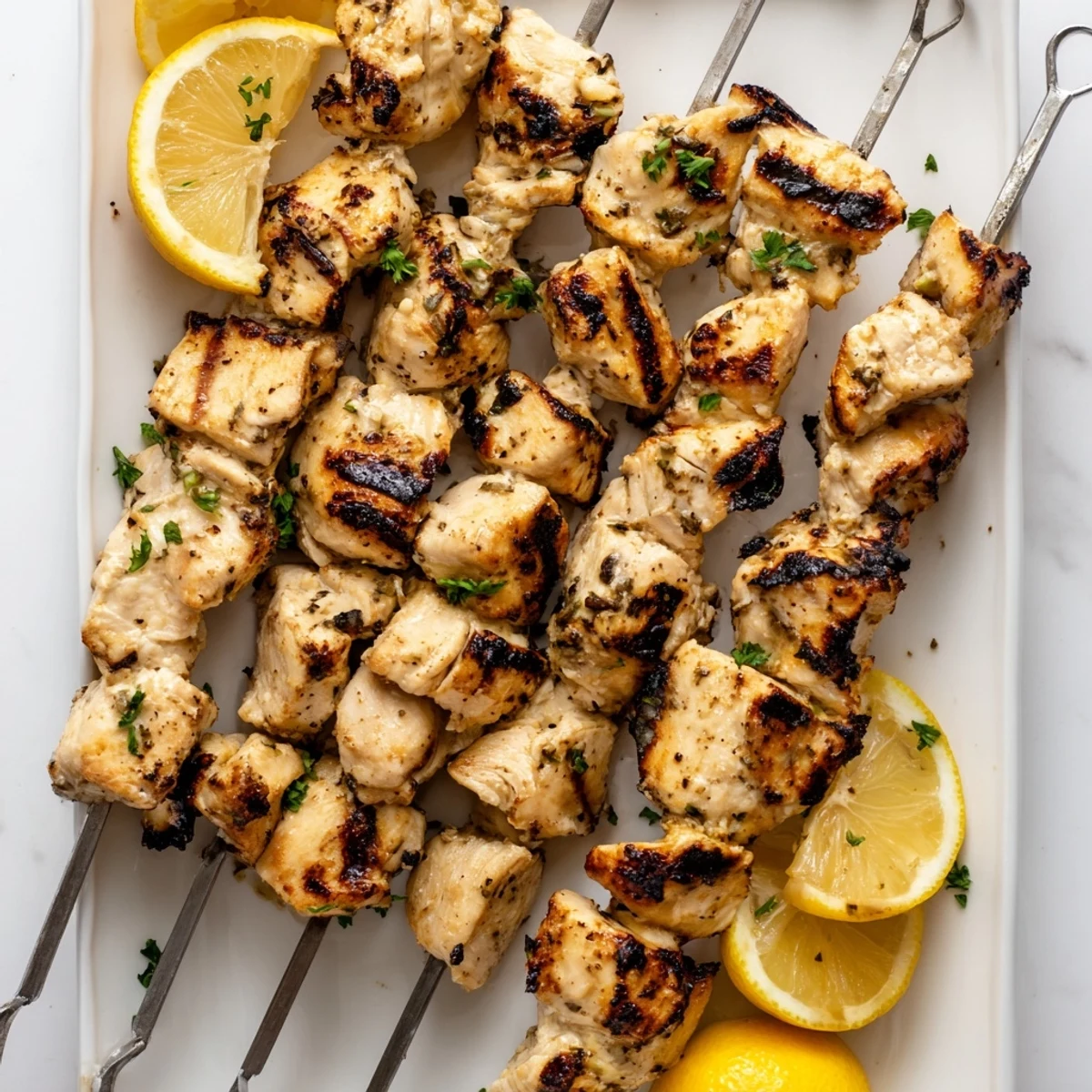 Golden grilled Greek yogurt marinated chicken skewers with charred edges and fresh herbs on a white plate