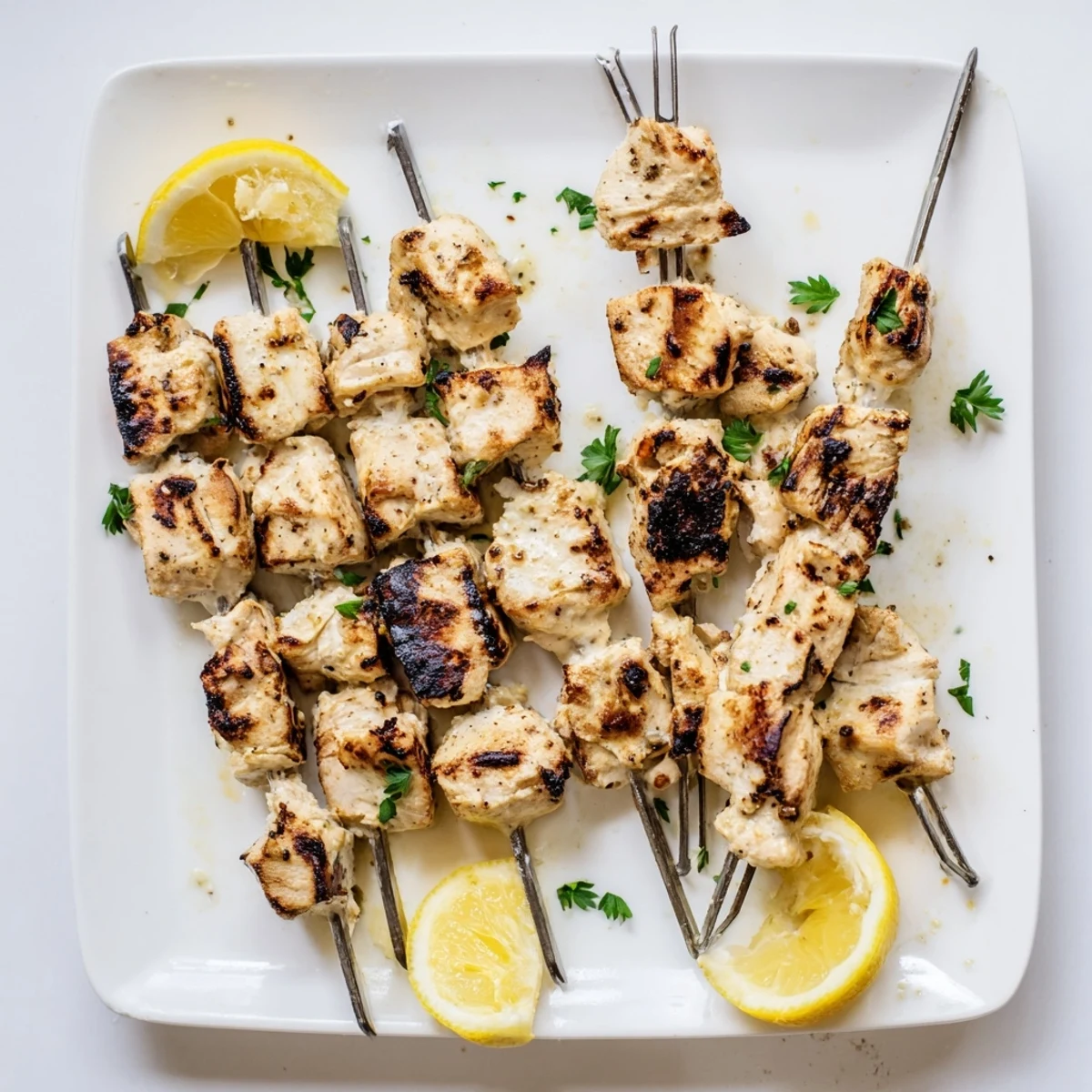 Tender juicy chicken pieces threaded on skewers after marinating in creamy Greek yogurt and aromatic spices