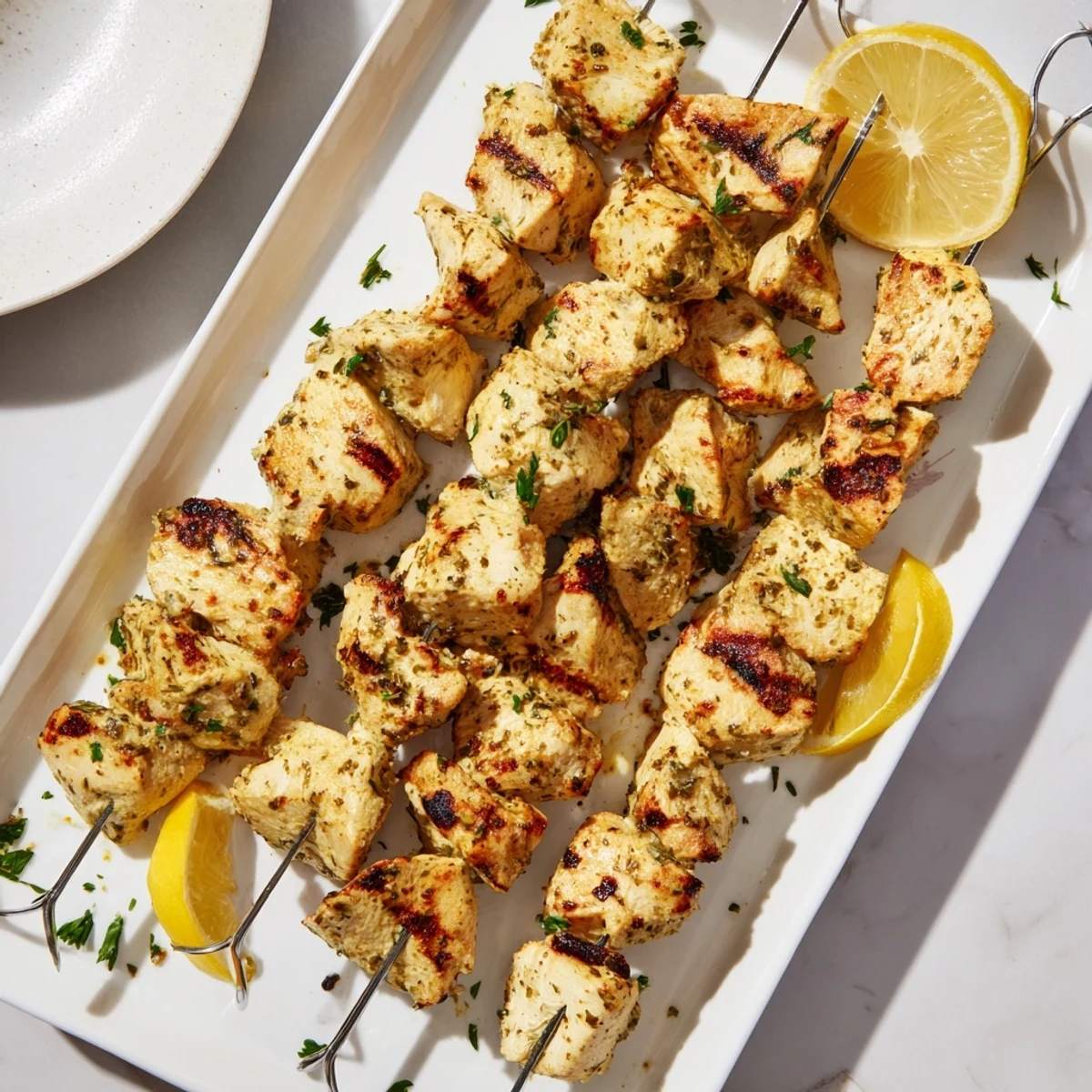 Close-up of perfectly grilled chicken skewers coated in spiced yogurt marinade with lemon wedges alongside