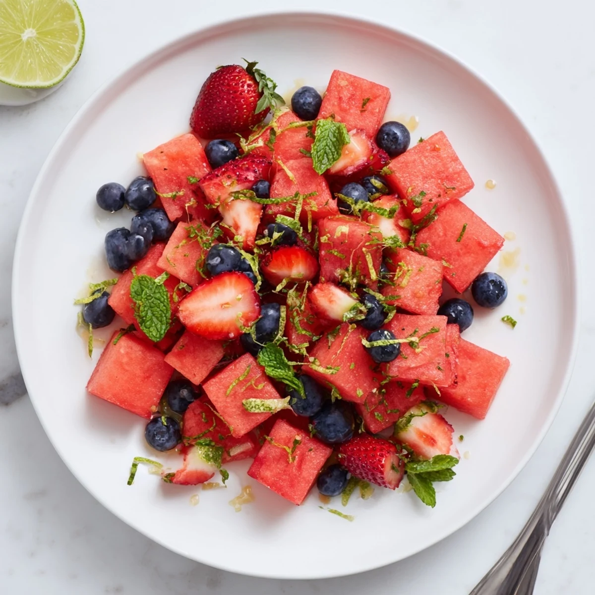 Fresh watermelon fruit salad bowl with strawberries, blueberries, mint, and lime zest garnish