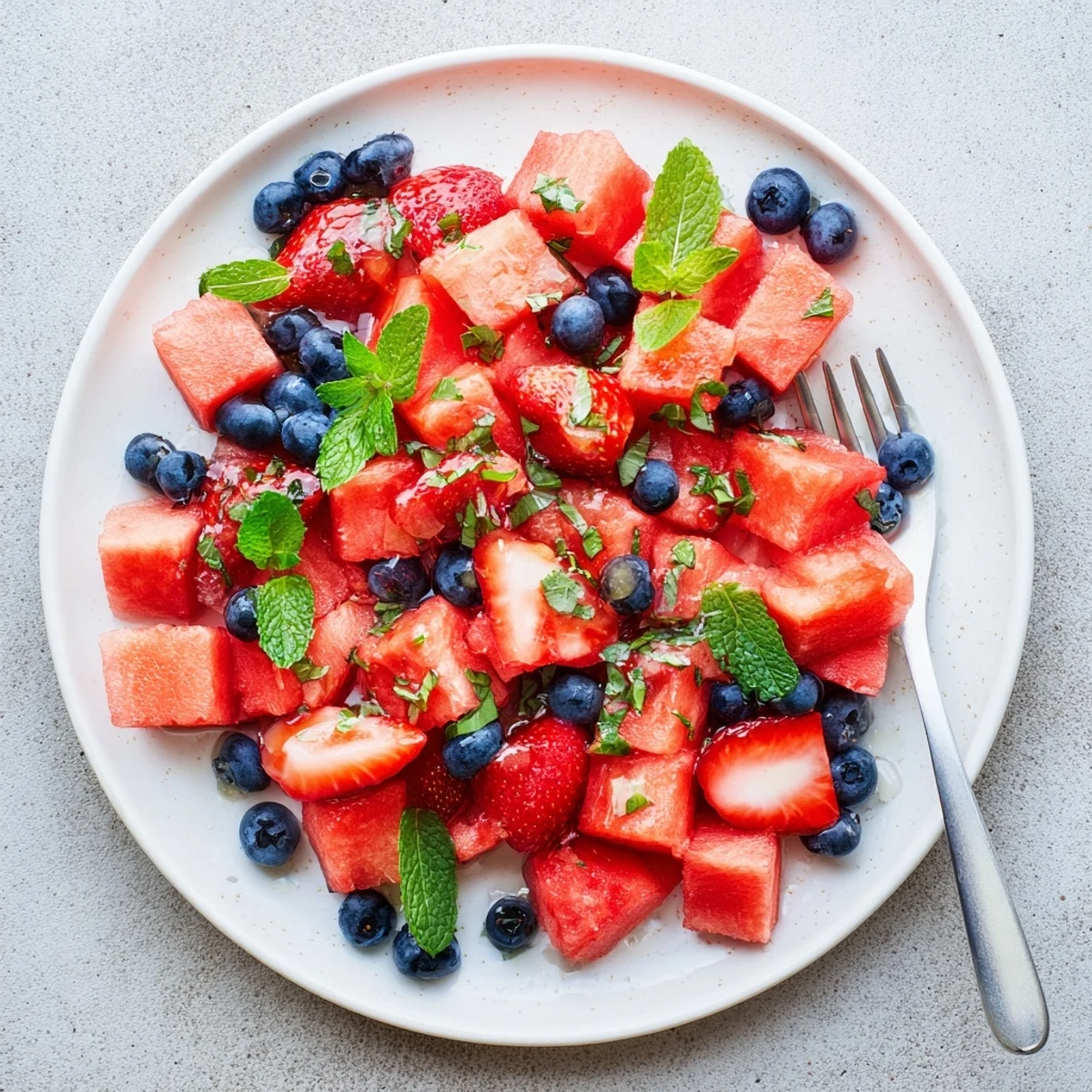 Refreshing watermelon recipe featuring mixed summer berries tossed in citrus honey mint dressing