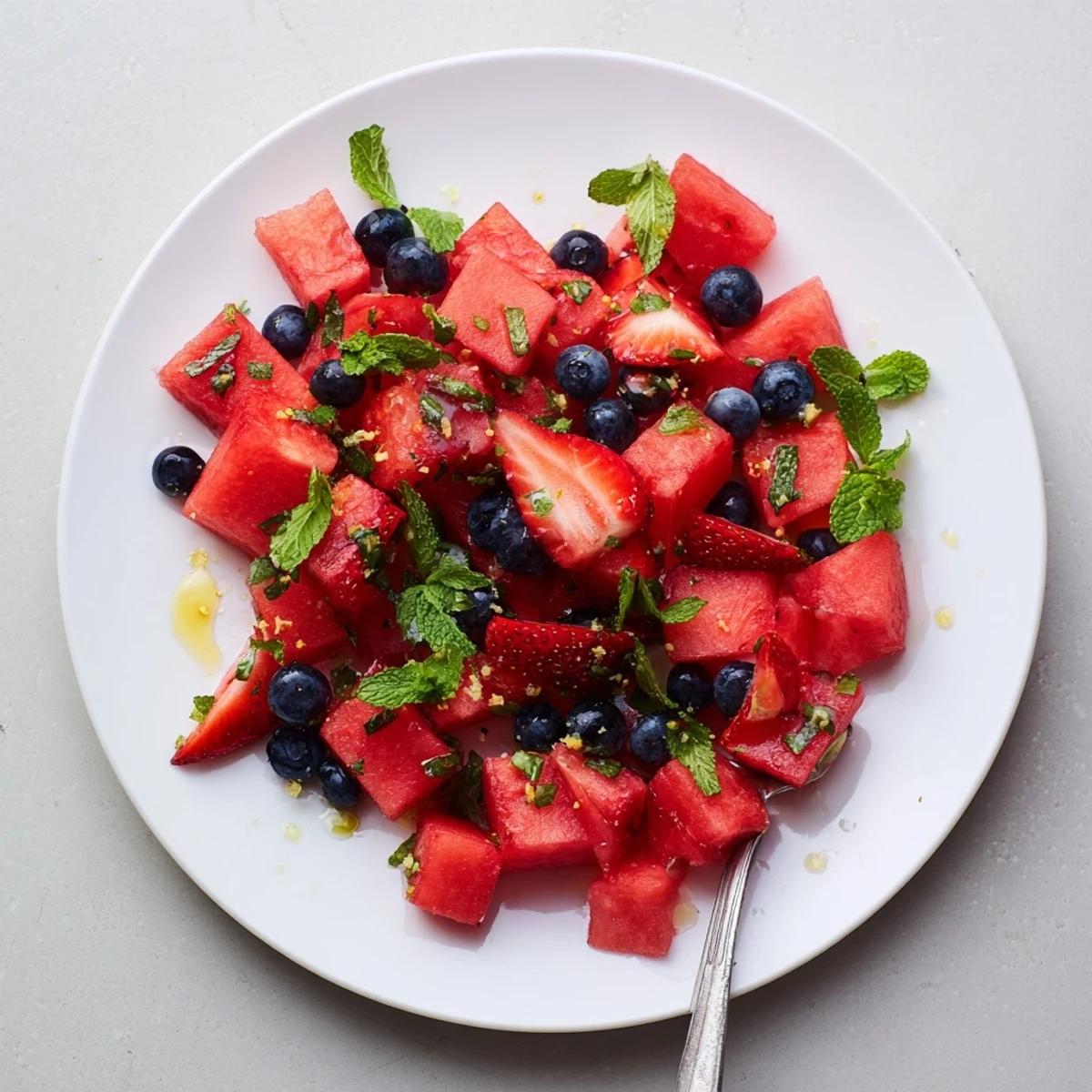 Colorful watermelon dessert salad topped with fresh mint leaves and lime juice dressing