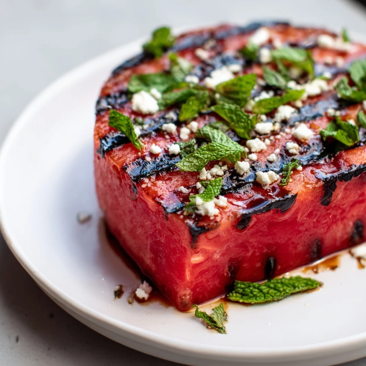 Grilled watermelon steak with charred grill marks and fresh mint garnish on a white plate