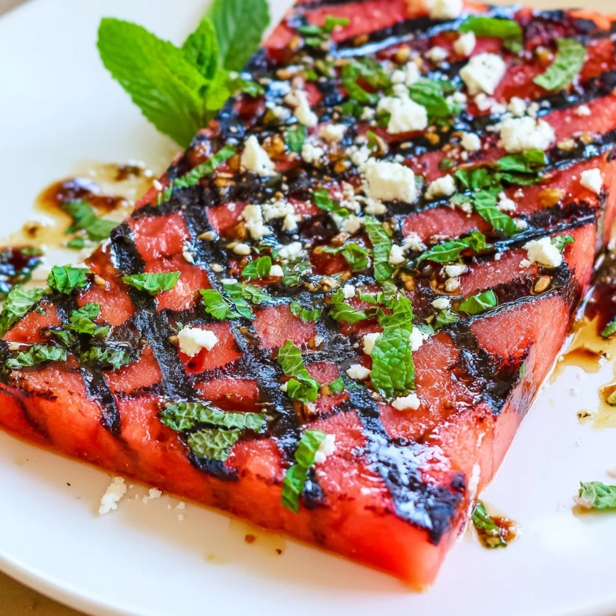 Juicy watermelon steaks glazed with balsamic and smoked paprika, topped with crumbled feta and flaky salt