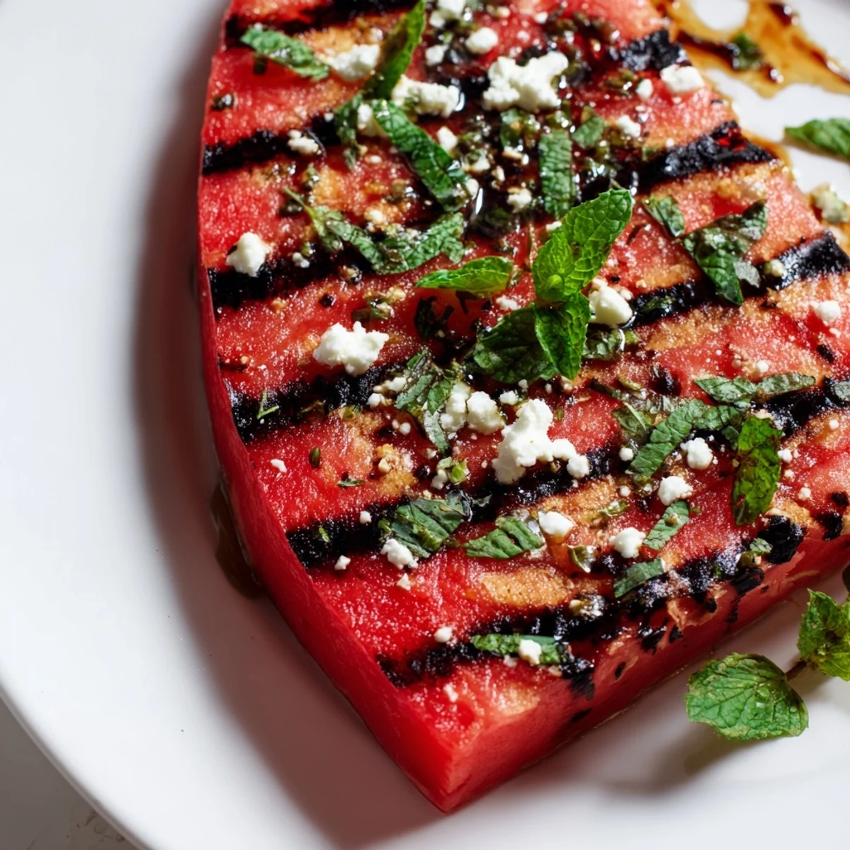 Thick watermelon slices grilled to caramelized perfection with herbs and a drizzle of tangy balsamic glaze