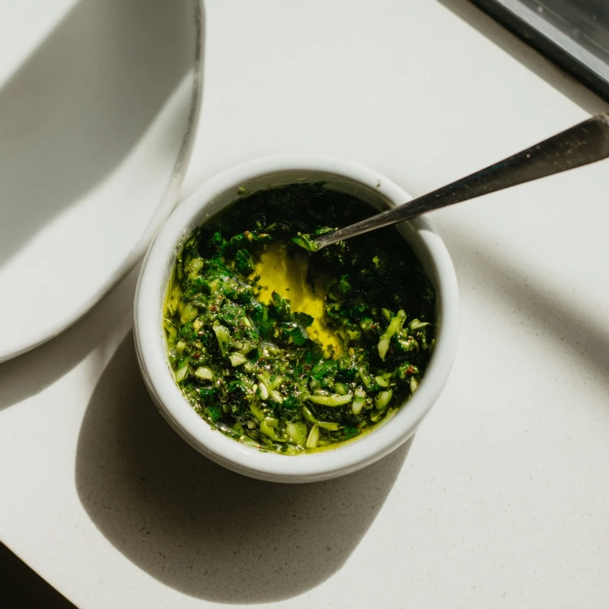 Thick textured Argentinian chimichurri featuring chopped garlic scapes and parsley in a glass bowl