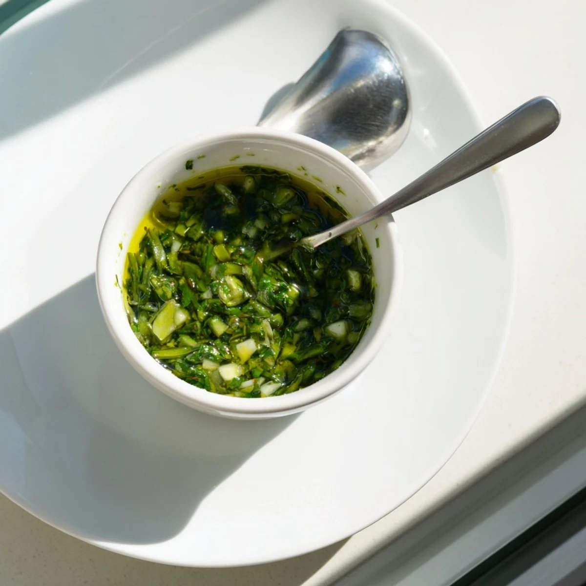 Vibrant green garlic scape chimichurri sauce drizzled over sizzling grilled steak with fresh herbs