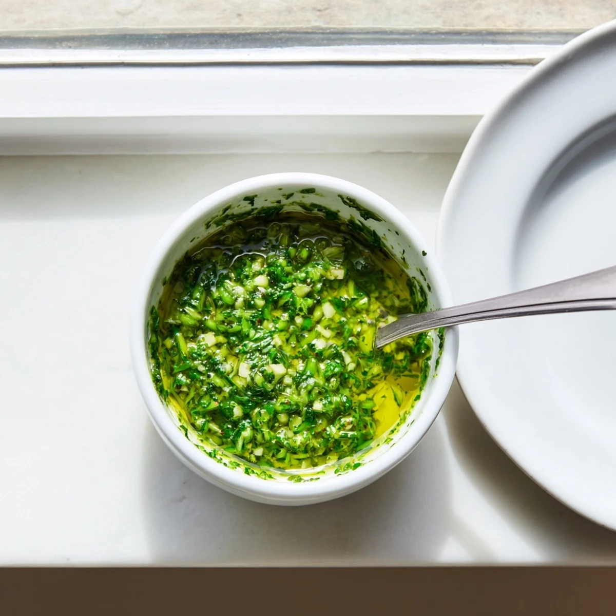 Fresh garlic scape chimichurri sauce spooned alongside grilled vegetables and juicy roasted chicken quarters