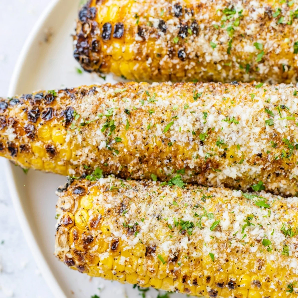 Golden grilled corn on the cob coated with zesty parmesan ranch herbs and flecks of fresh green parsley