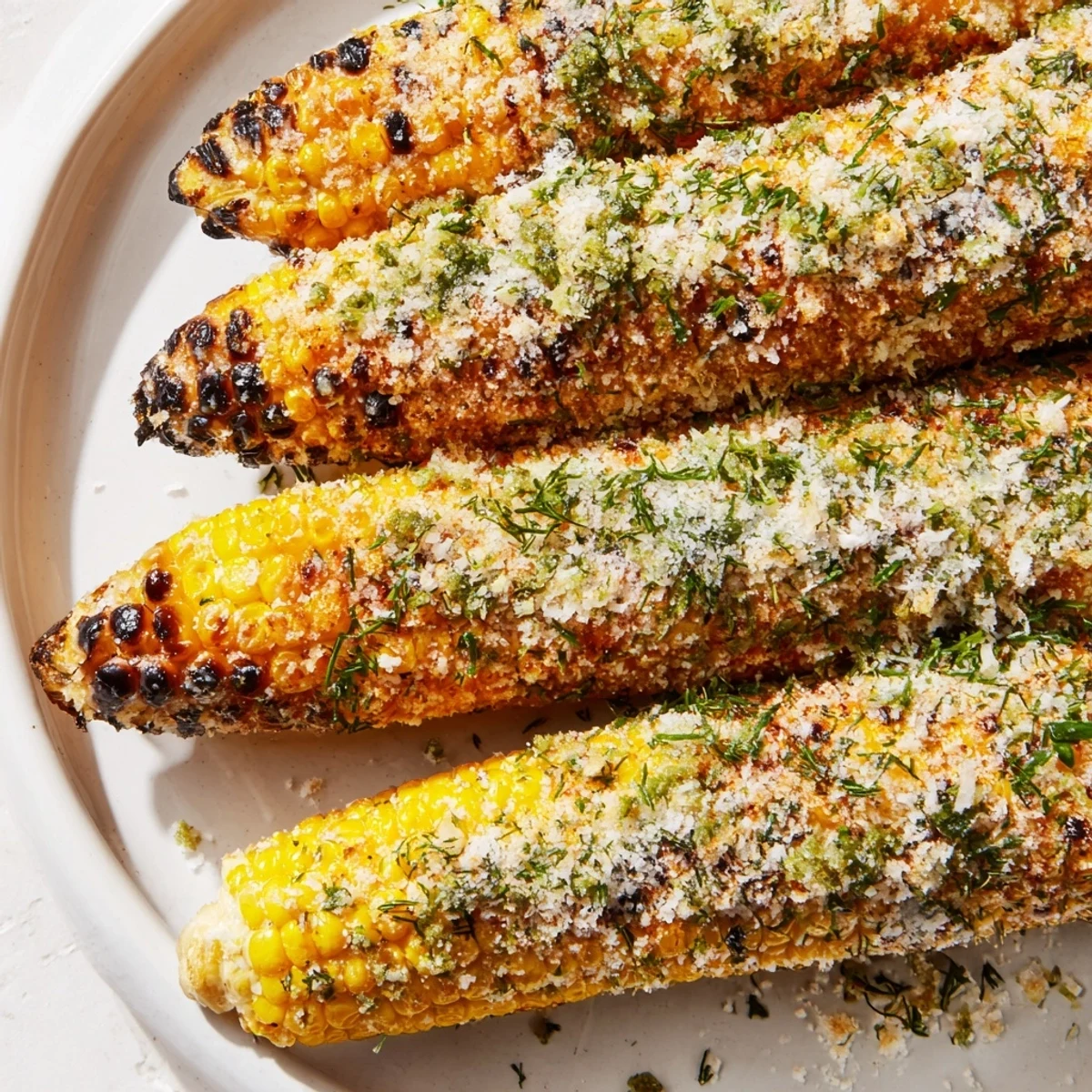 Flame-charred sweet corn ears brushed with herb butter and sprinkled generously with savory parmesan ranch seasoning mixture