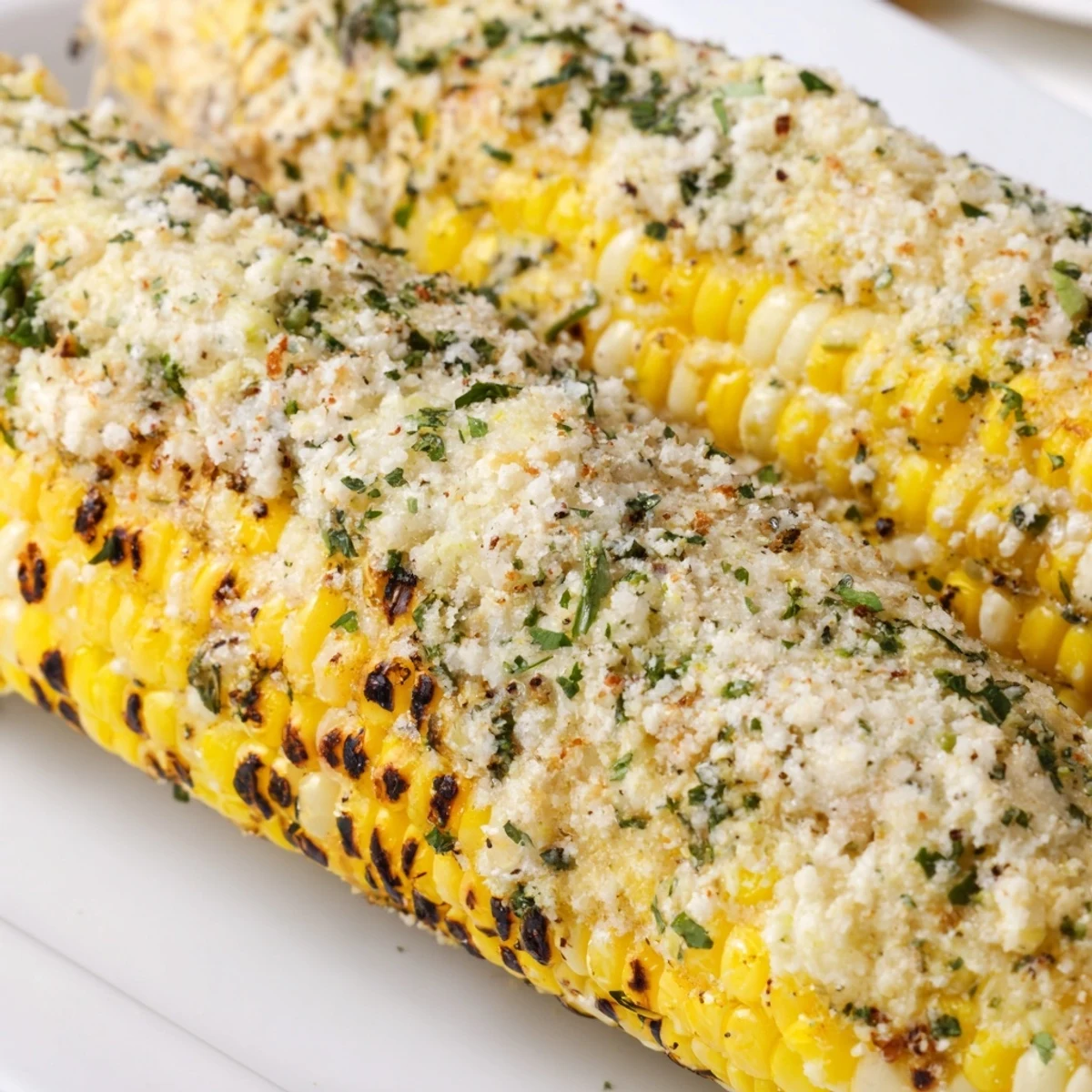 Grilled corn on the cob showcasing golden kernels topped with melted parmesan ranch coating and chopped fresh herbs