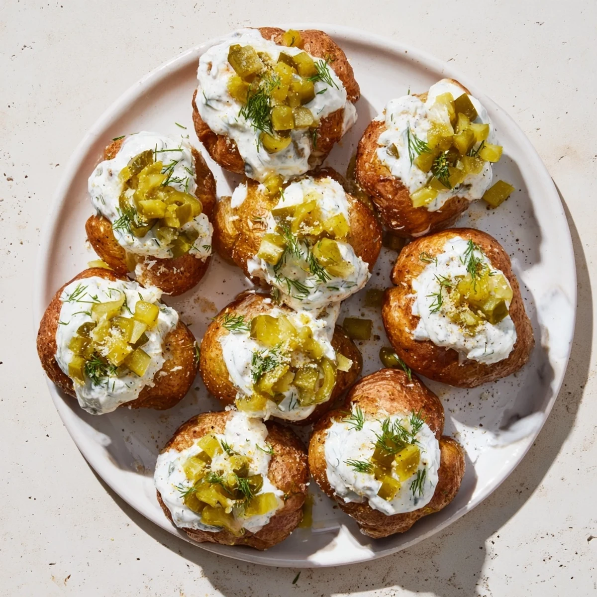 Golden crispy smashed potatoes topped with creamy ranch sauce, chopped dill pickles, and fresh green herbs