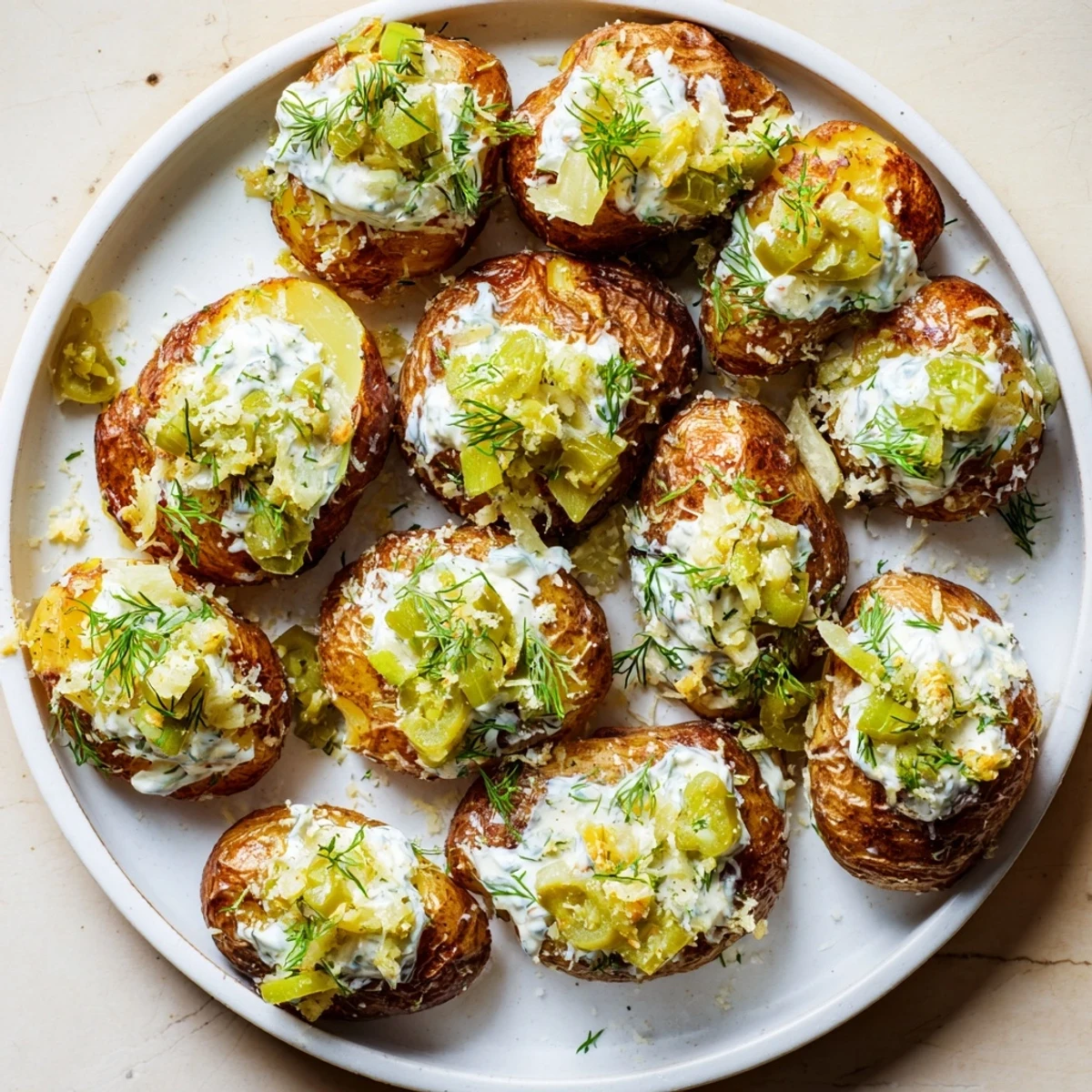 Baked Dill Pickle Ranch Smash appetizer featuring crispy potato rounds loaded with tangy pickles and homemade dressing