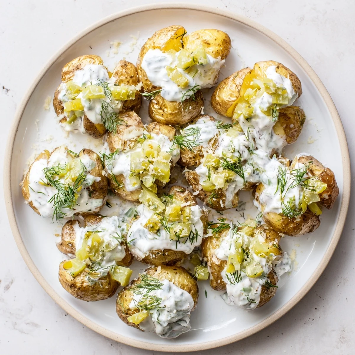 Party tray of smashed baby potatoes drizzled with white ranch sauce and sprinkled with diced dill pickles