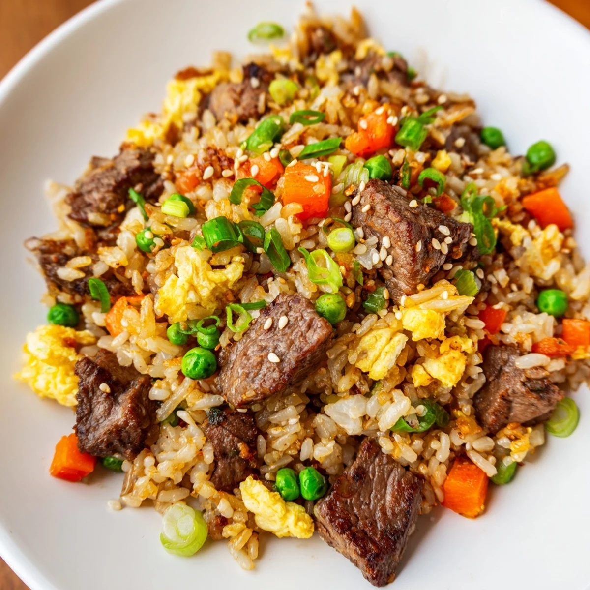 Steaming platter of Blackstone hibachi steak fried rice topped with tender beef cubes, colorful vegetables, and fluffy scrambled eggs