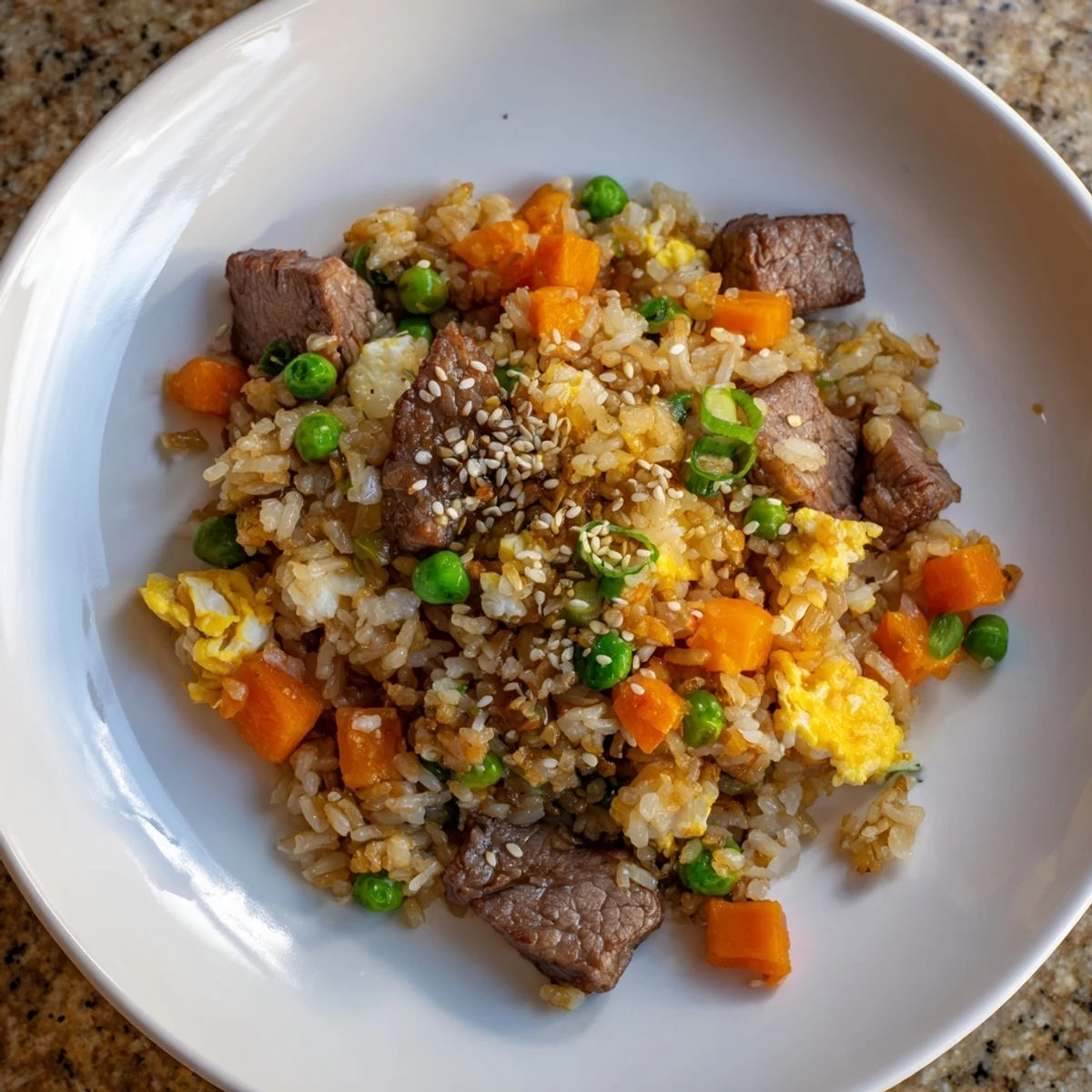 Golden fried rice scattered with seared steak pieces, vibrant peas and carrots, fresh green onions, and sesame seed garnish