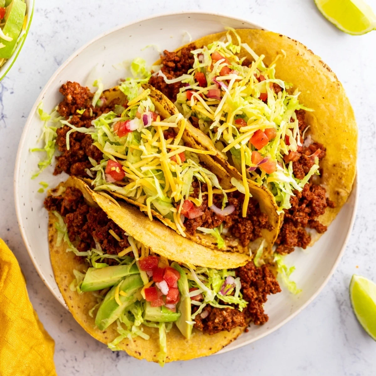 Golden corn tortillas filled with seasoned ground beef tacos topped with fresh pico de gallo and green avocado slices