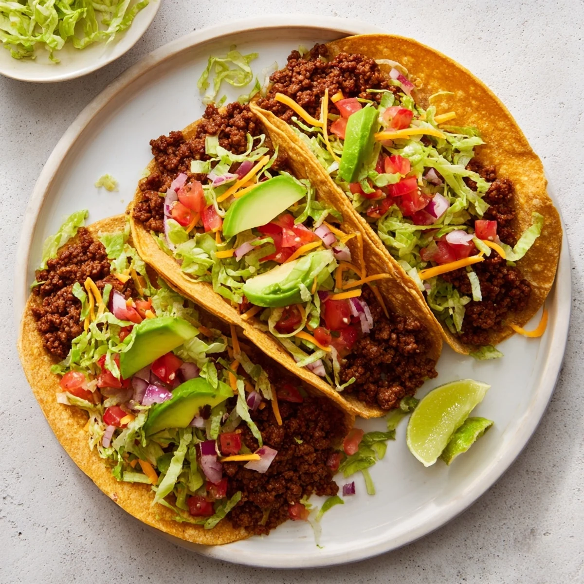 Savory homemade spice blend coats juicy ground beef tacos served with vibrant tomato pico de gallo and melted cheddar cheese