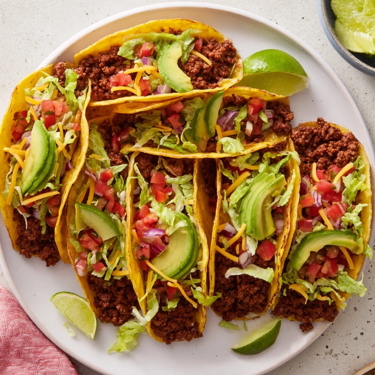 Two plump ground beef tacos loaded with seasoned meat, crisp lettuce, zesty pico de gallo, and creamy avocado garnish