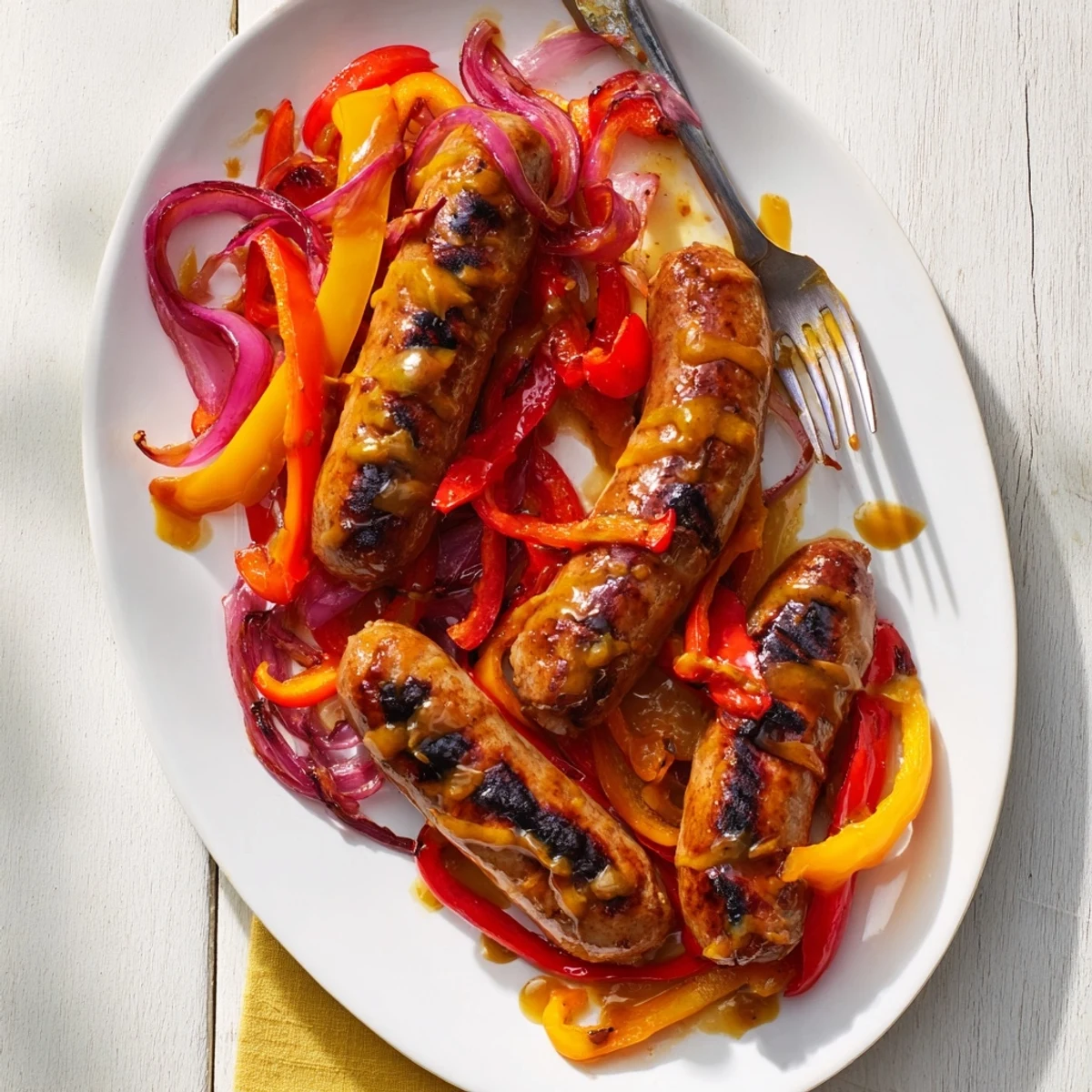 Plate of grilled beef sausage topped with mustard BBQ glaze and colorful roasted vegetables
