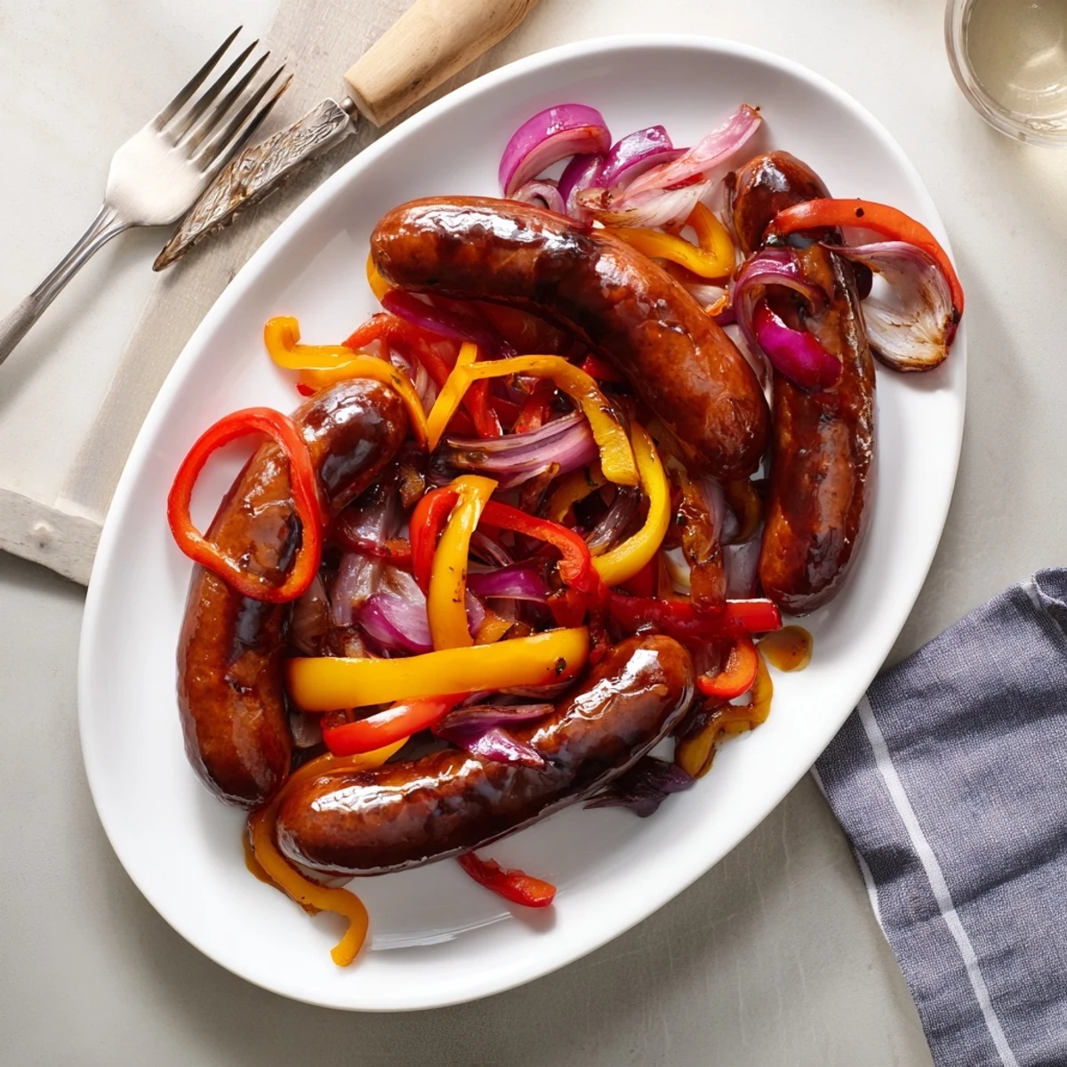 Grilled BBQ beef sausage with peppers and onions brushed with tangy mustard honey glaze