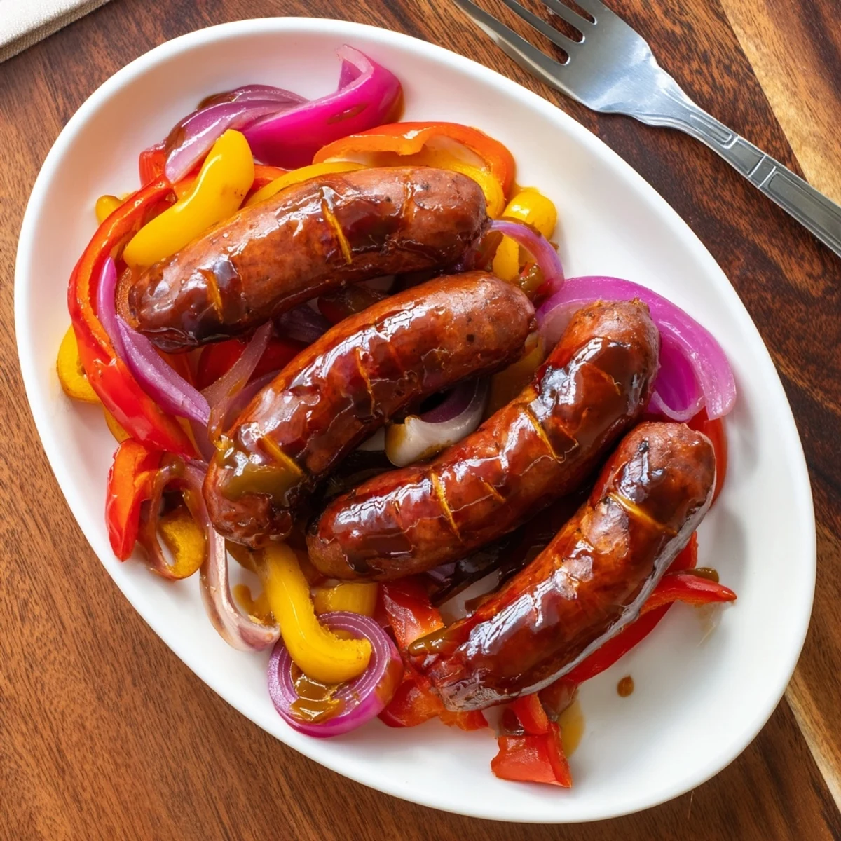Juicy beef sausages served alongside charred sweet bell peppers and caramelized red onion slices