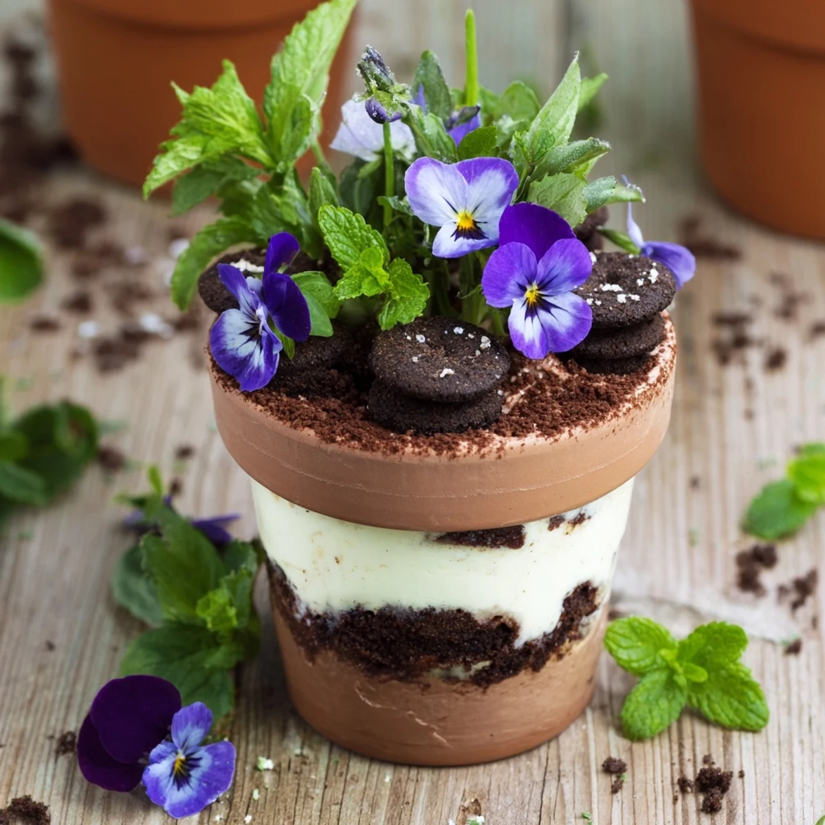 Whimsical edible potted floral garden dessert featuring chocolate cake layers with creamy filling topped with chocolate cookie soil and fresh edible flowers like pansies and mint