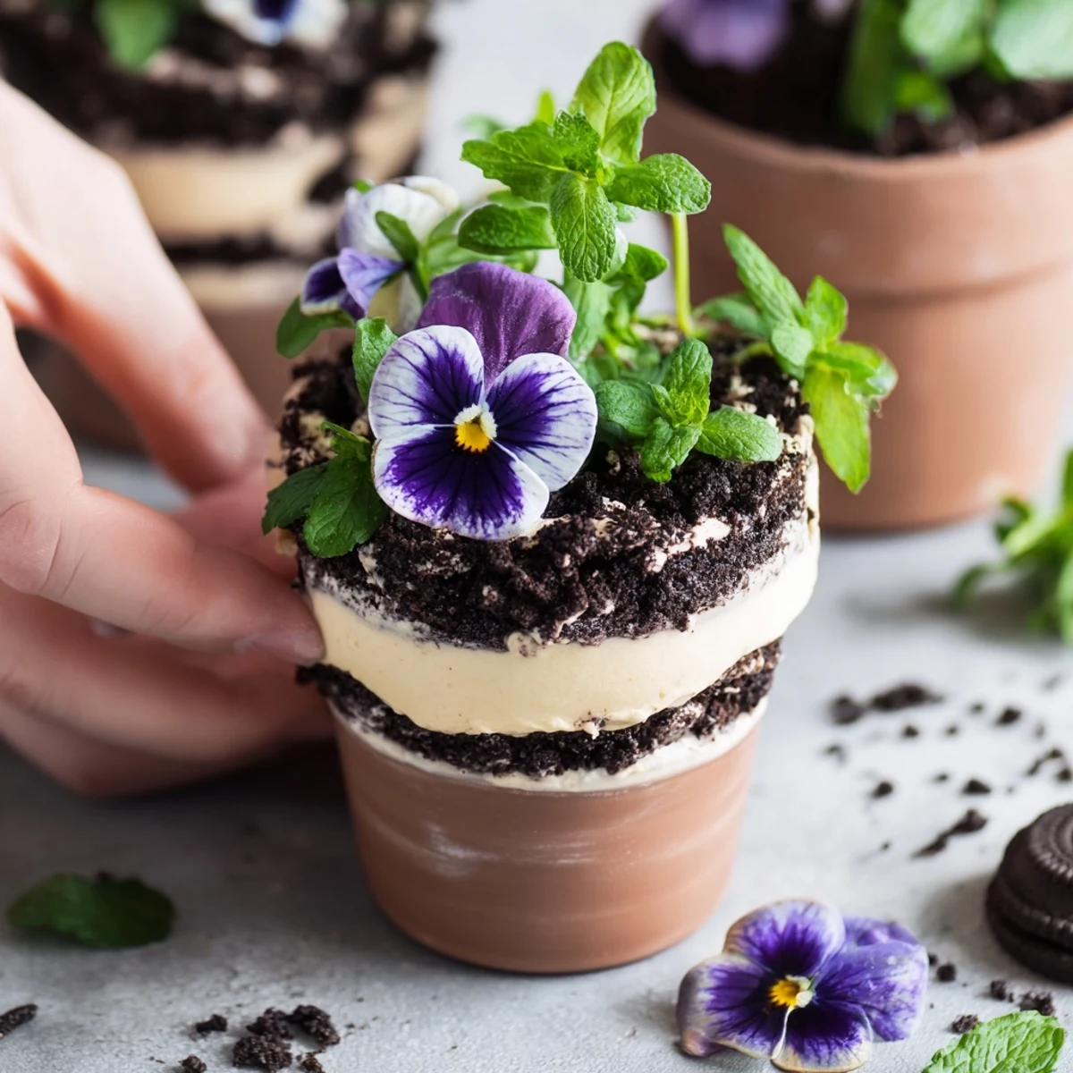 Chocolate edible potted floral garden served in flower pots with crushed Oreo soil, whipped cream filling, and vibrant pansies, violets, and herbs