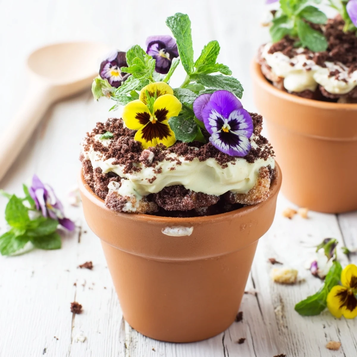 Garden-themed edible potted floral garden dessert with moist chocolate cake, vanilla cream layers, chocolate crumb soil, and colorful edible flowers sprouting from the top