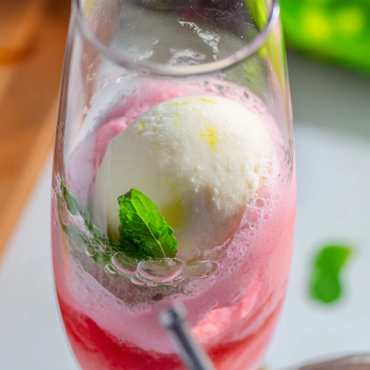 Tall glass of watermelon mango floats topped with vanilla ice cream and fresh mint garnish