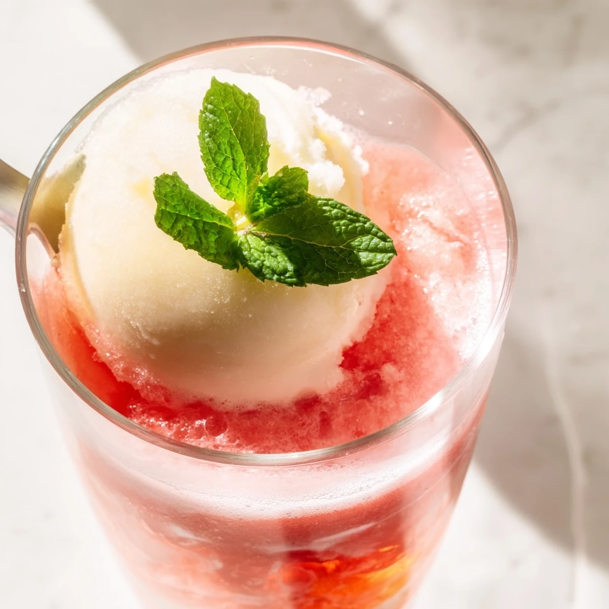 Refreshing watermelon mango float drink with creamy vanilla scoop and fizzy lemon-lime soda