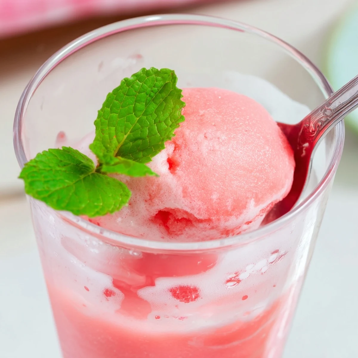 Vibrant tropical watermelon mango floats layered with fruit puree and melting vanilla ice cream