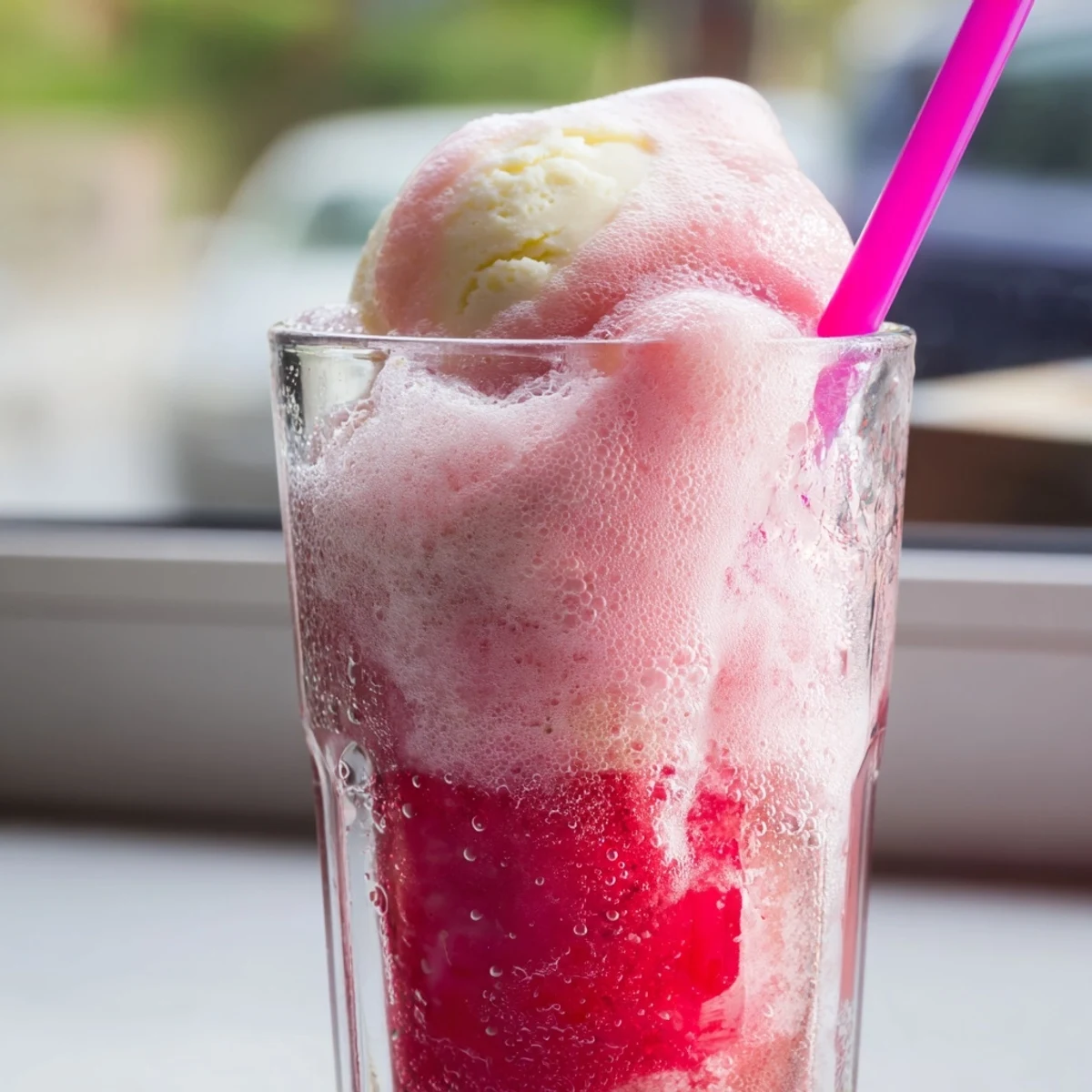 Vibrant pink watermelon ice cream float featuring bubbling soda over creamy scoops and garnished with fresh watermelon slices