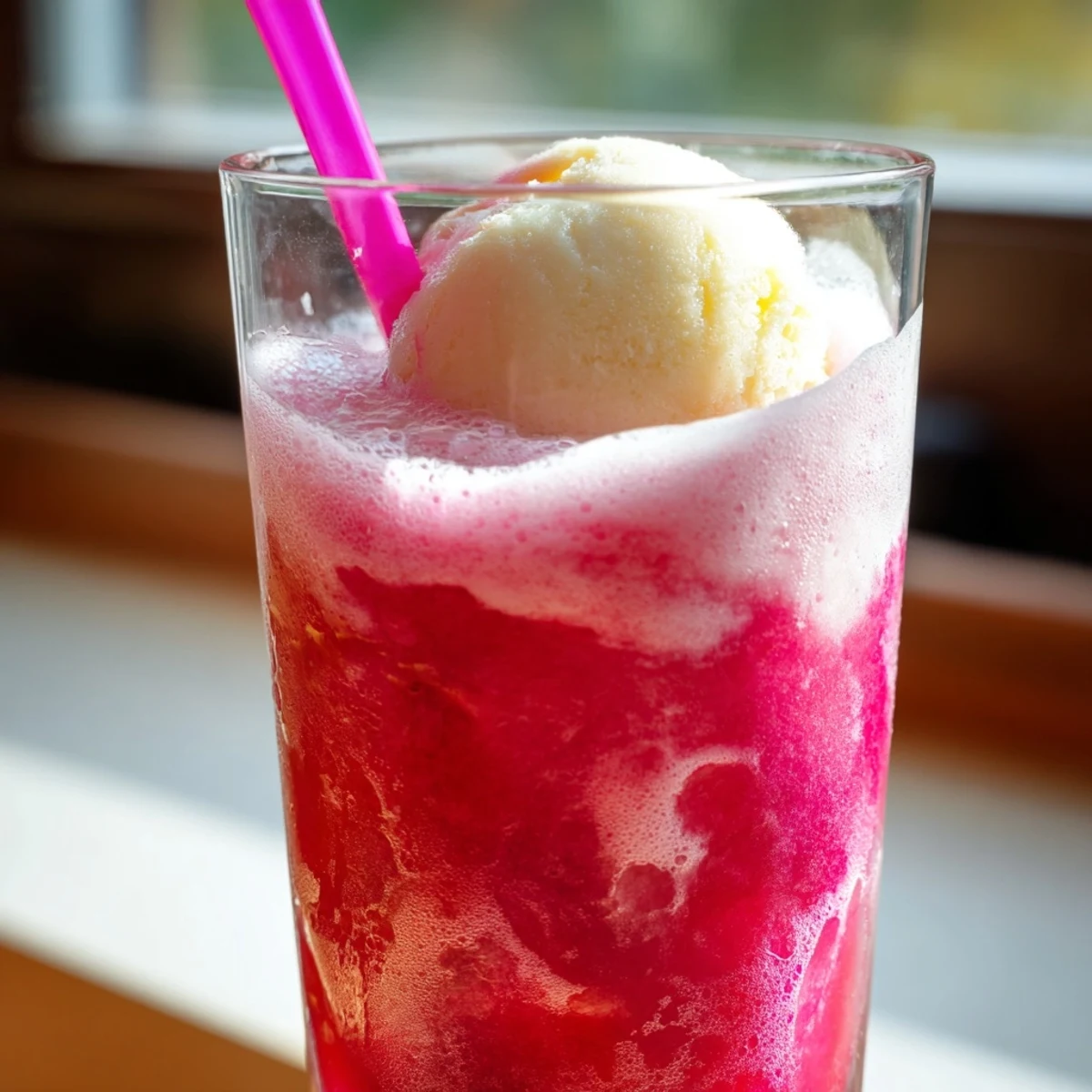 Tall glass of chilled watermelon puree layered with vanilla ice cream and sparkling soda for a cooling summer treat