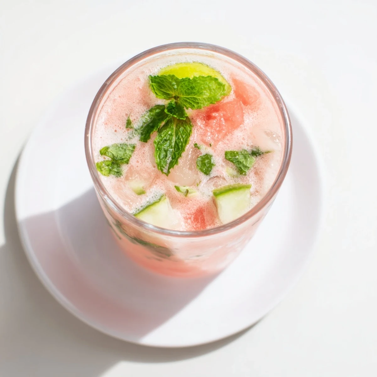 Garnished glass of low carb watermelon refresher with mint sprig and lime wedge on ice