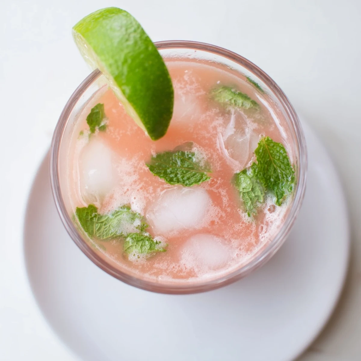 Pitcher of pink low carb watermelon refresher poured into glasses with cucumber and mint accents