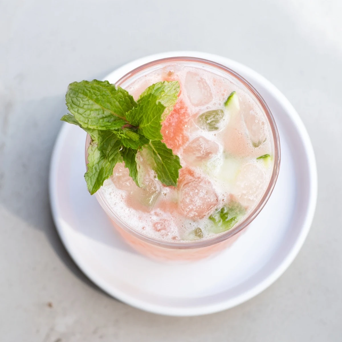 Refreshing low carb watermelon refresher in chilled glass topped with fresh mint leaves and sparkling water