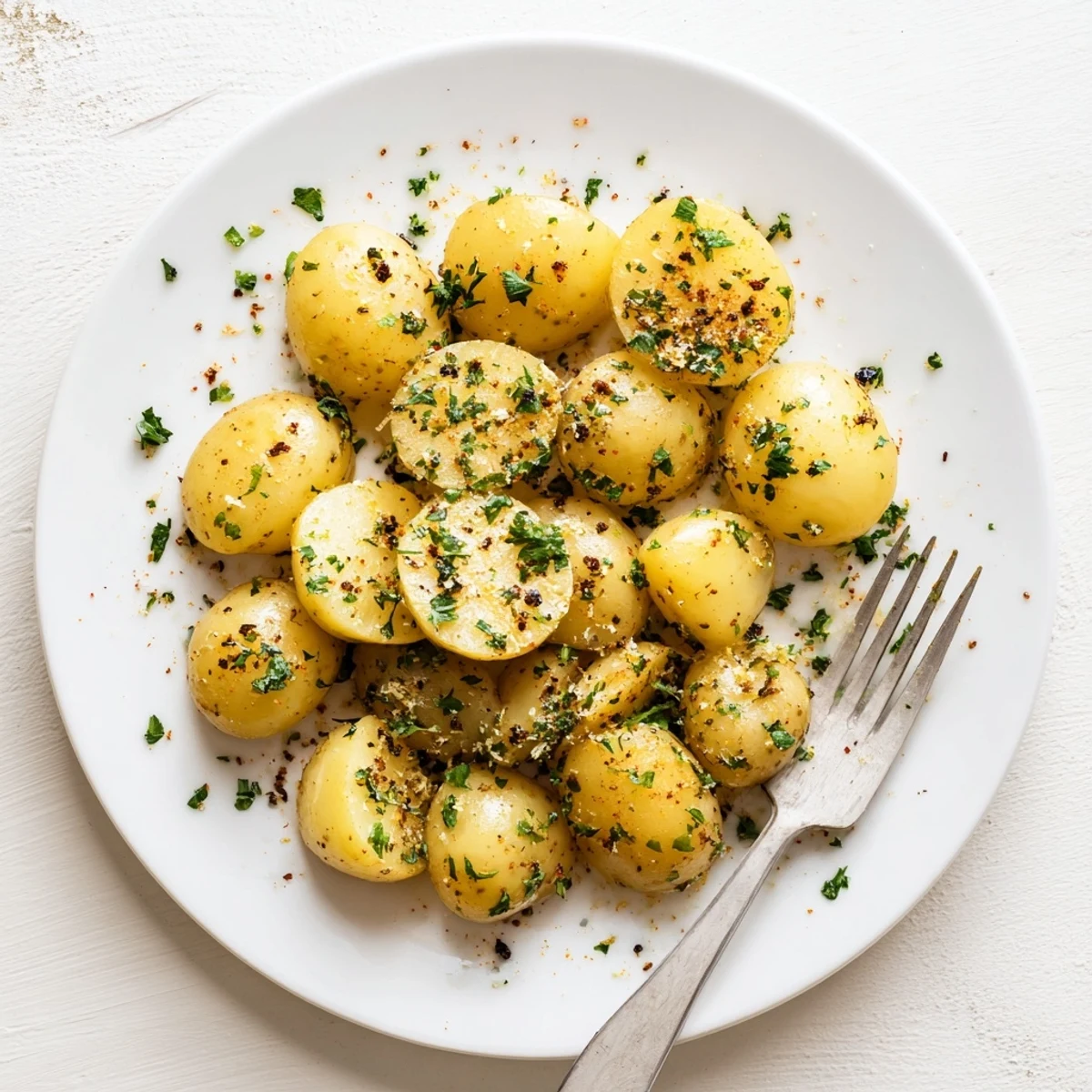 Grilled Potatoes Recipe: smoky, crisp-skinned halves piled on platter, parsley garnish