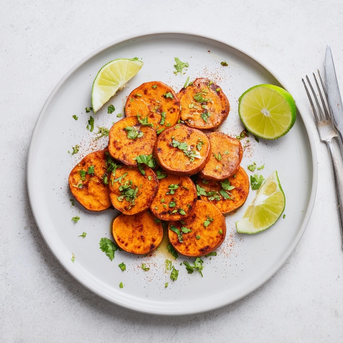 Plated Grilled Sweet Potatoes Simple Smoky Summer Side with cilantro and flaky sea salt