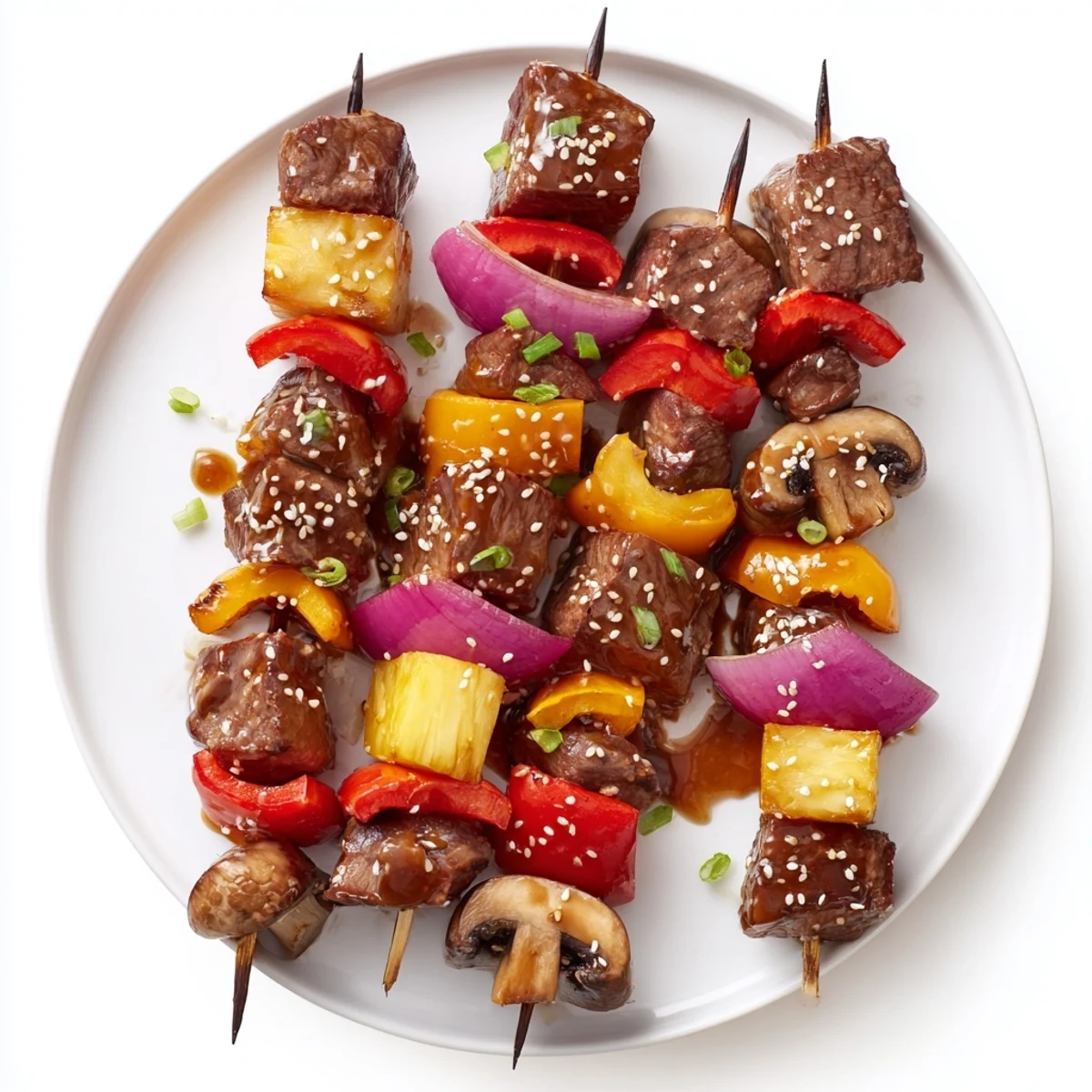 Skewers of Grilled Teriyaki Steak Kabobs served steaming over jasmine rice