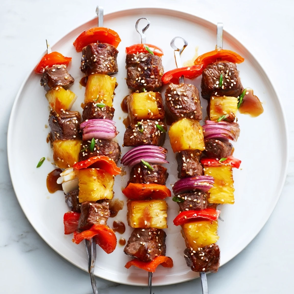Juicy Grilled Teriyaki Steak Kabobs glistening with sauce, charred bell peppers