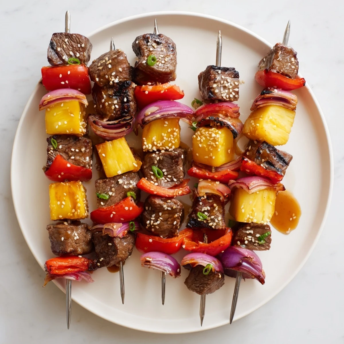 Smoky sweet pineapple and peppers threaded alongside steak on Grilled Teriyaki Steak Kabobs
