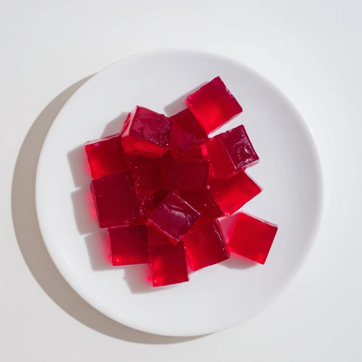Chewy homemade raspberry gummy snacks arranged in rows on a white plate
