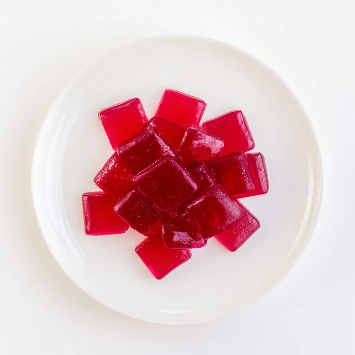 Ruby red homemade raspberry gummy snacks glistening under natural light on marble surface