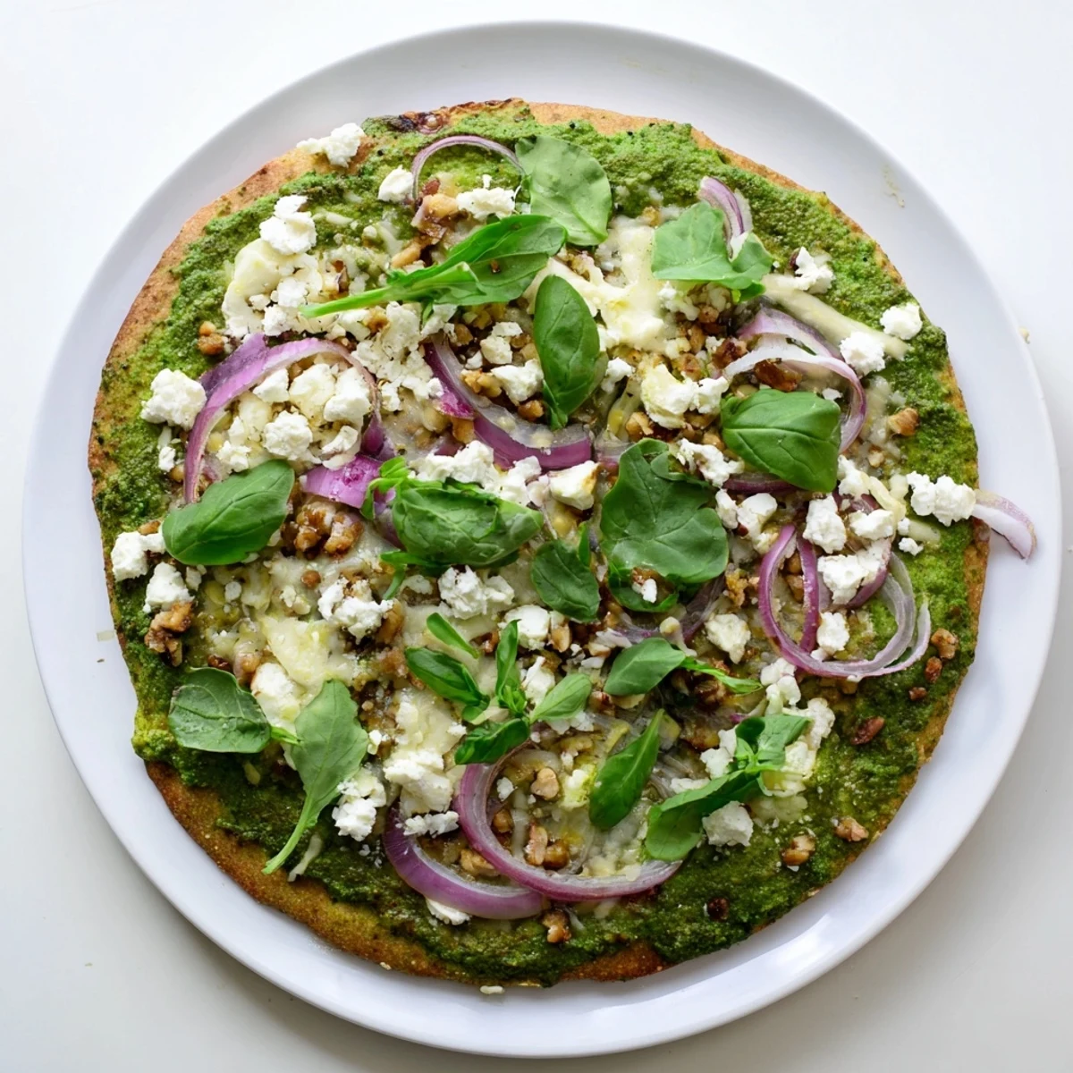 Golden crust pizza topped with vibrant broccoli pesto, melted mozzarella, and fresh baby spinach leaves