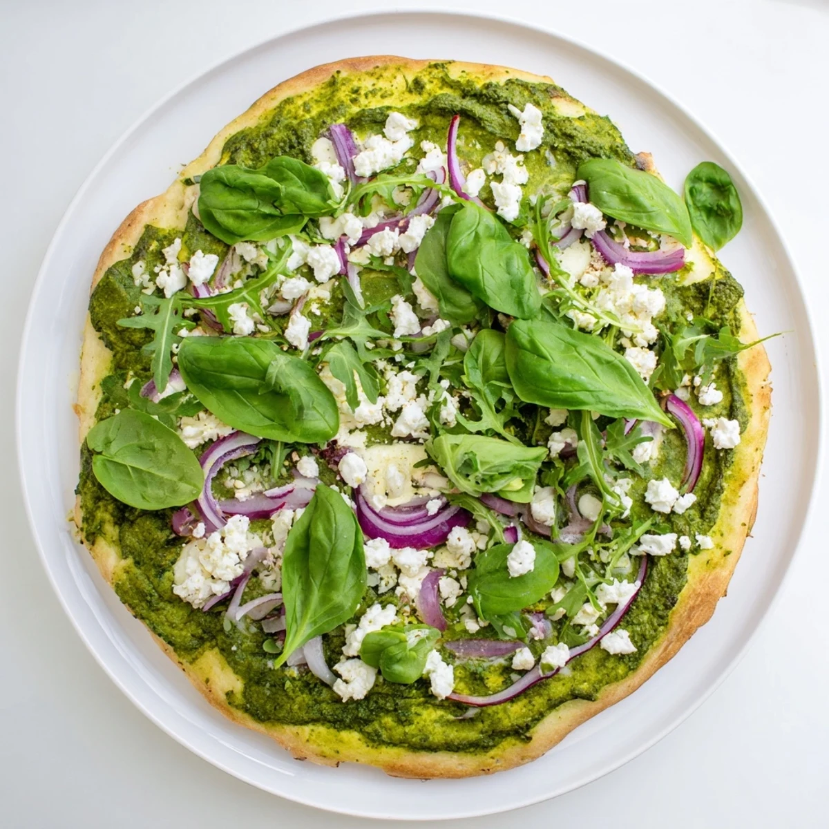 Homemade vegetarian pizza with broccoli pesto sauce, bubbling cheese, and garnish of fresh basil