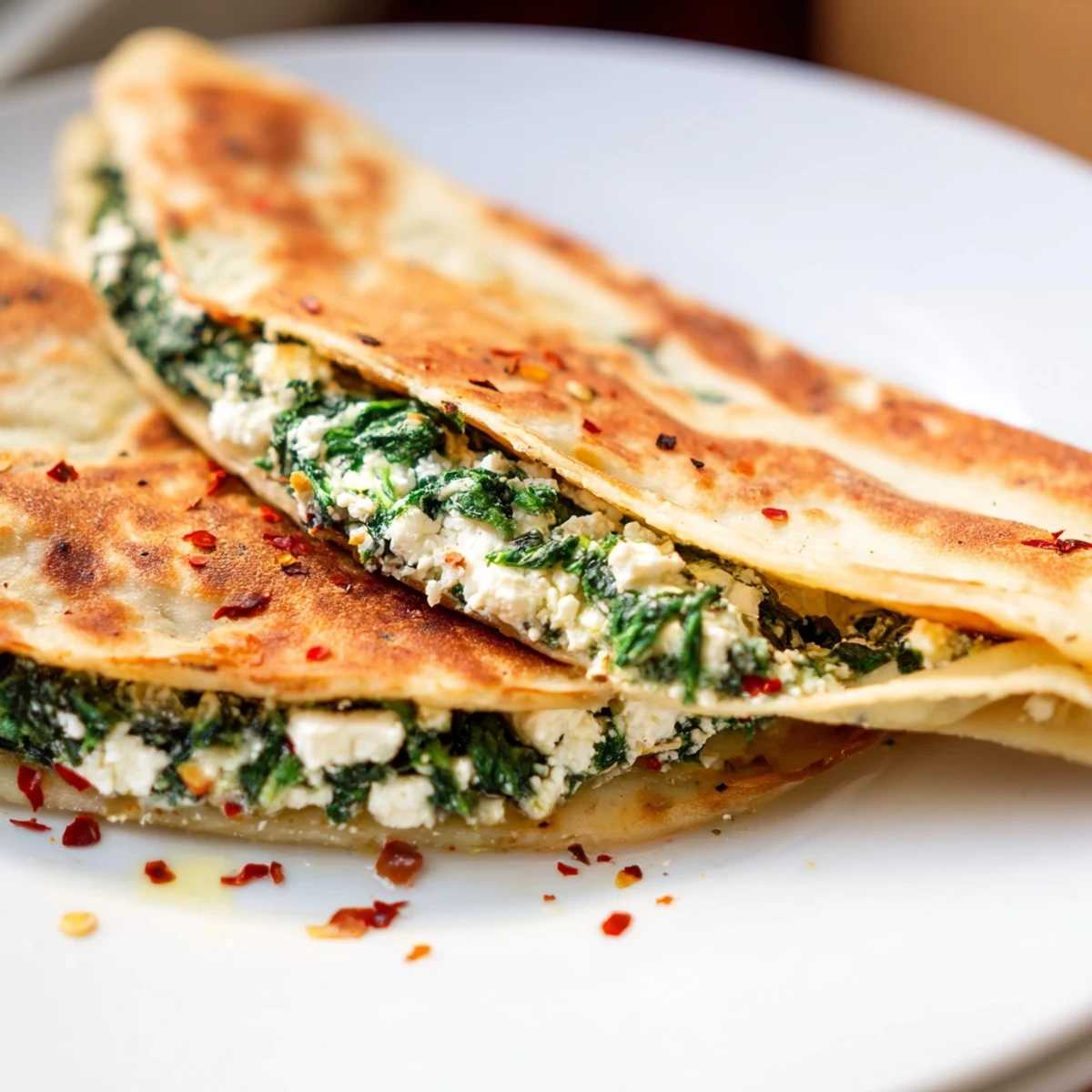 Handheld Turkish Gozleme Spinach Feta stuffed flatbread displaying golden brown grill marks and flaky texture