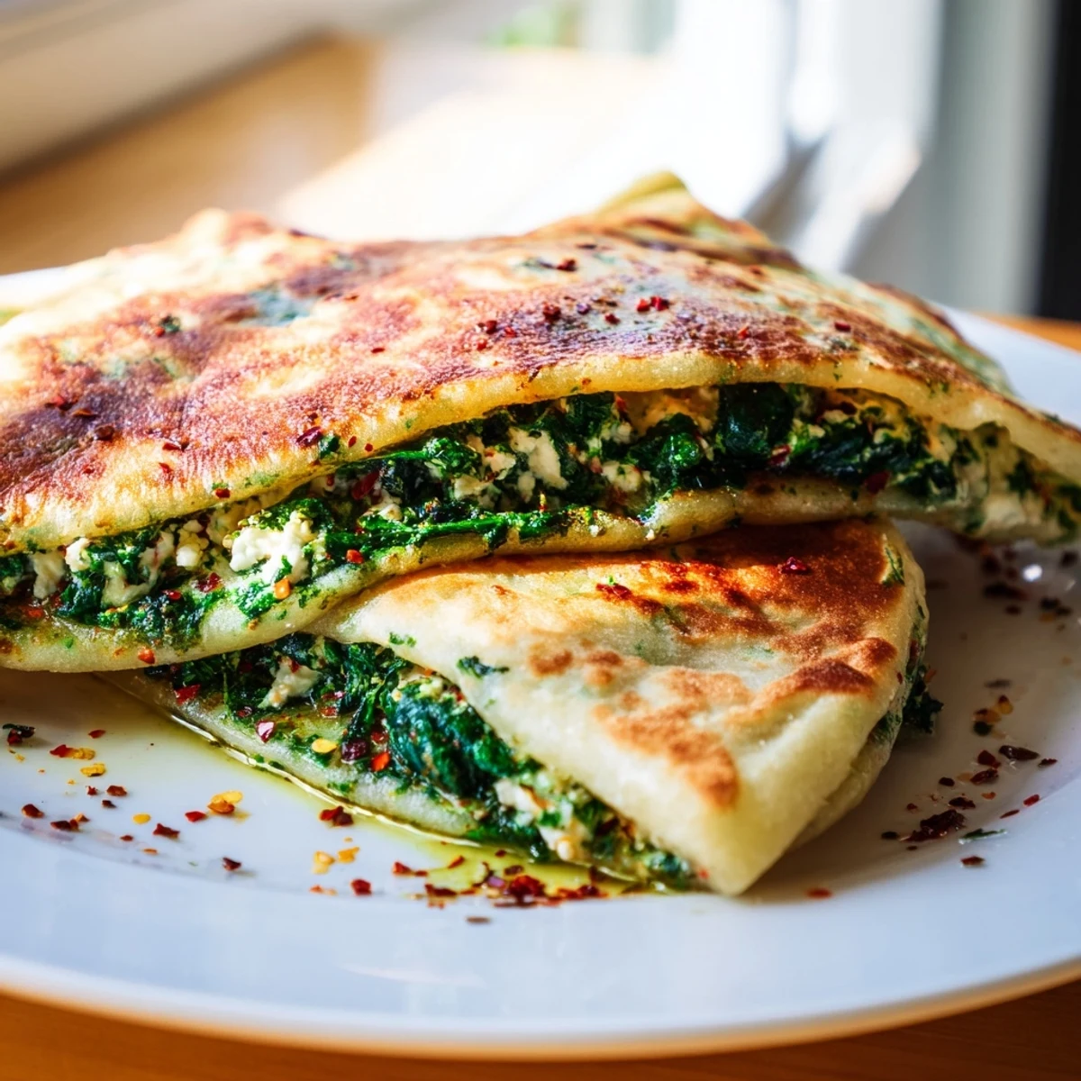 Traditional Turkish Gozleme Spinach Feta flatbread sliced into wedges revealing creamy green feta spinach filling inside