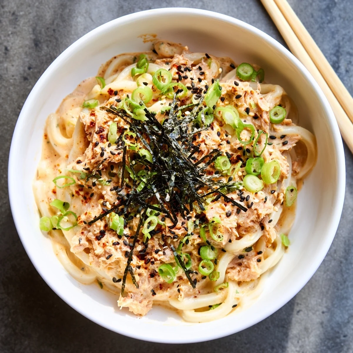 Steamy bowl of spicy tuna udon noodles garnished with fresh scallions and sesame seeds