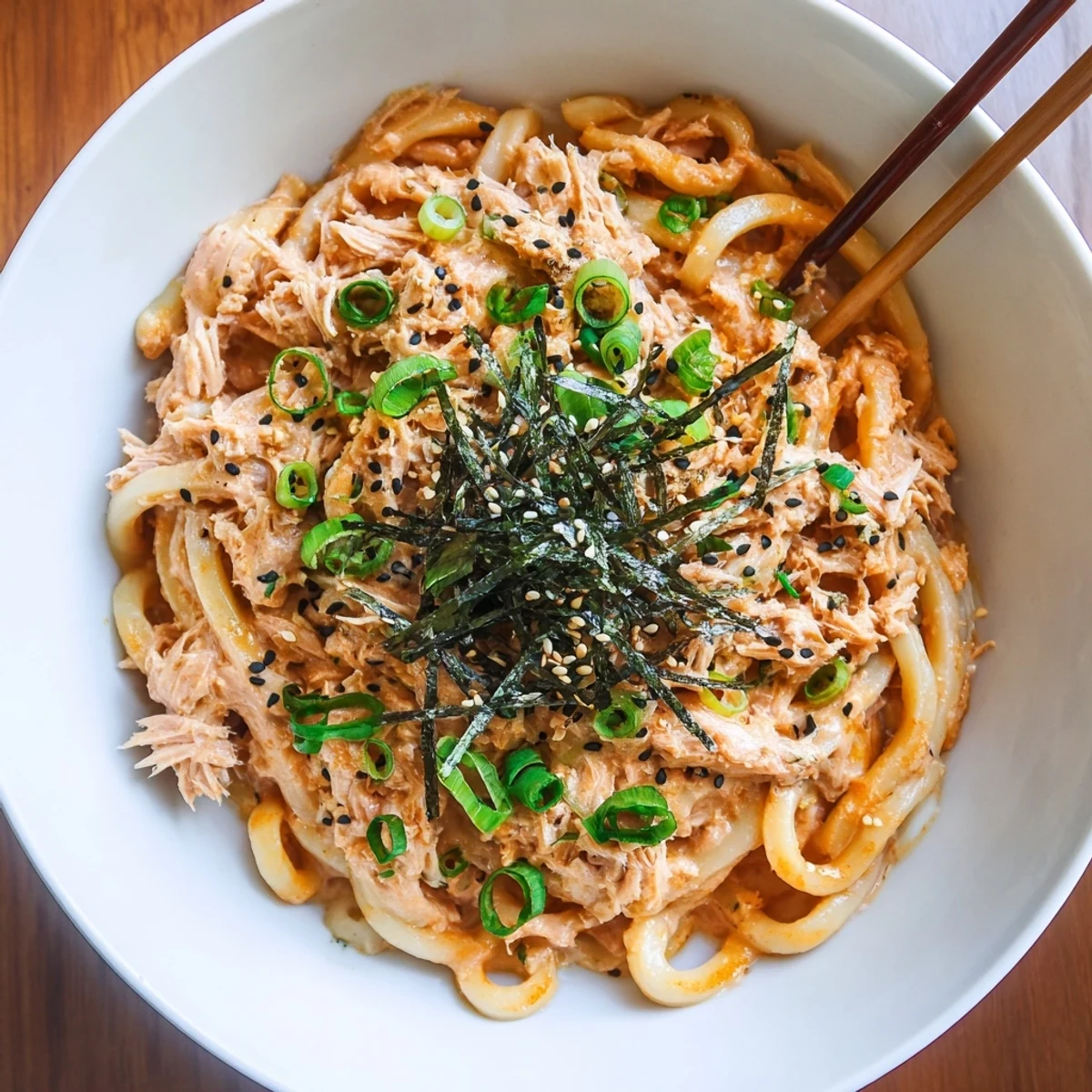 Close up of Japanese fusion spicy tuna udon topped with nori and scallions